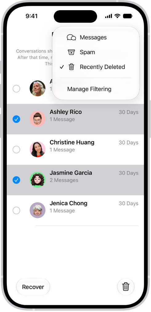 Retrieve lost text messages on iPhone from the Recently Deleted filter menu