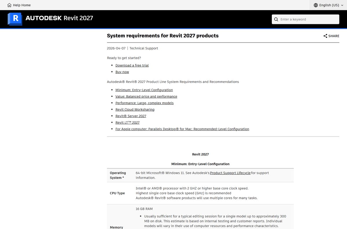 Revit 2027 minimum configuration table for Windows 11