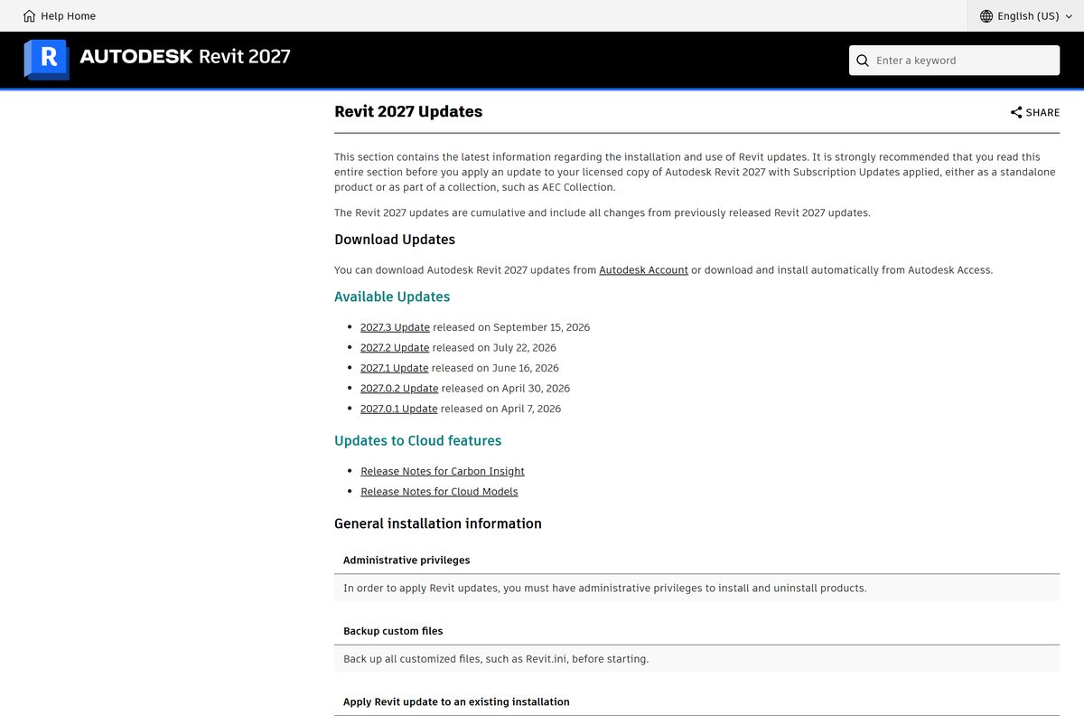 Revit 2027 updates page listing every release date
