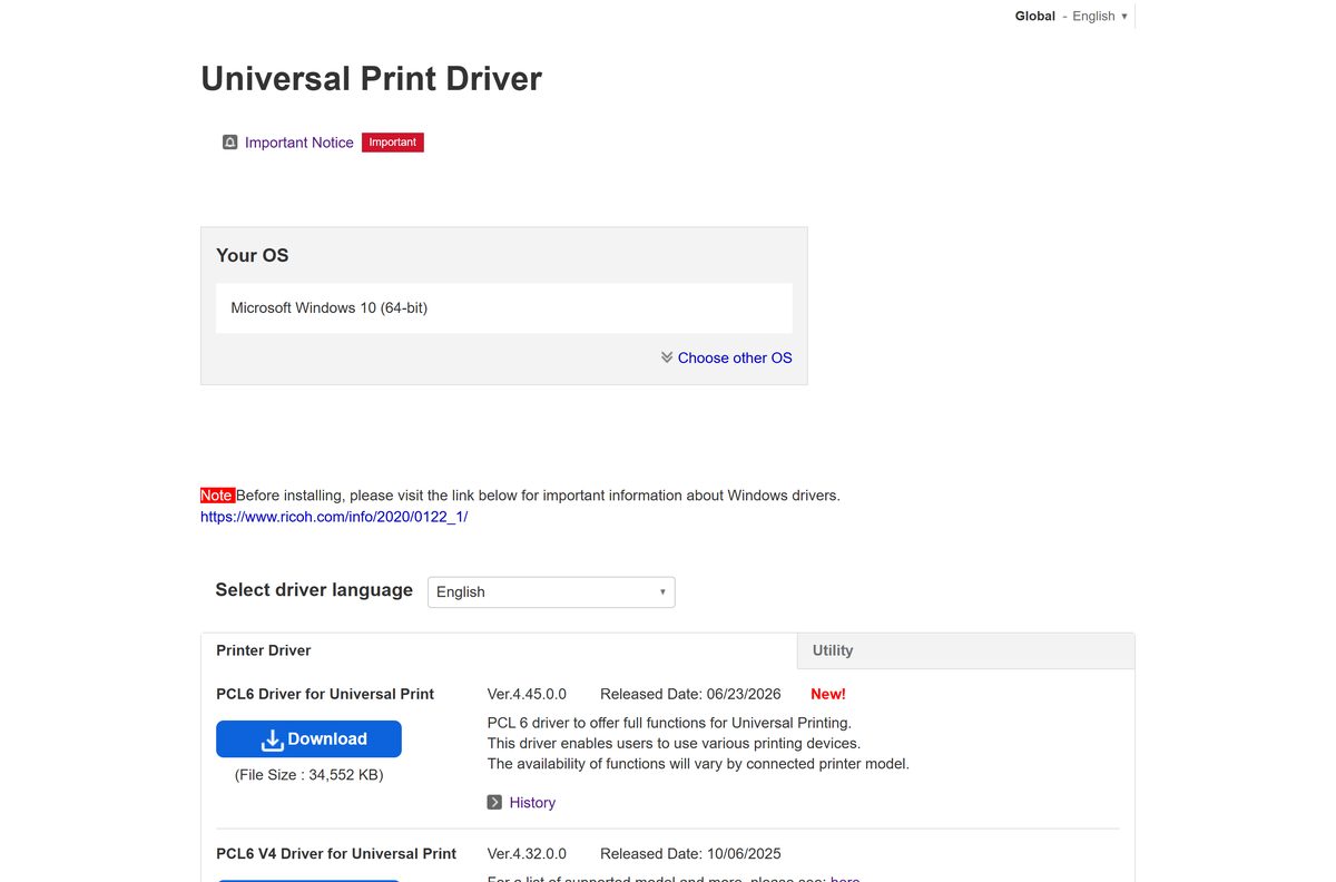 Ricoh Universal Print Driver page listing PCL6 and PS drivers