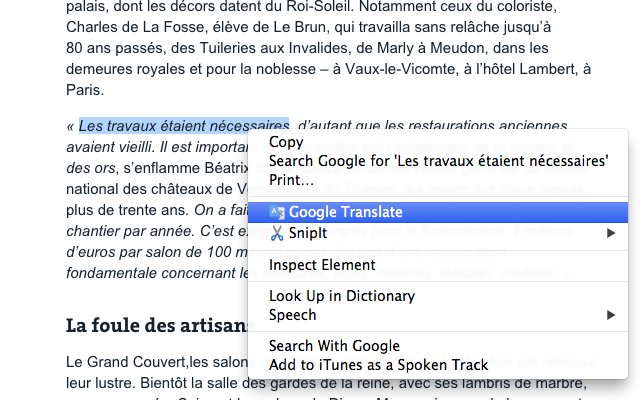 Right-click menu on highlighted text with the Google Translate option