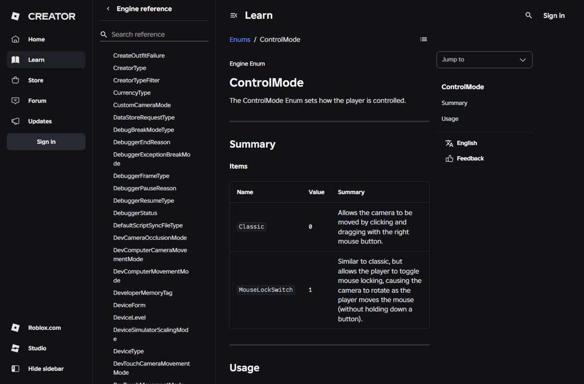 Roblox ControlMode reference table listing Classic and MouseLockSwitch