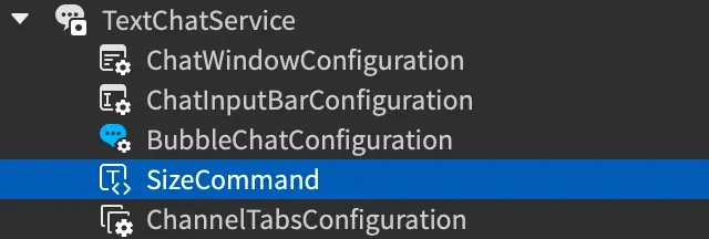 Roblox Studio Explorer showing a TextChatCommand selected under TextChatService