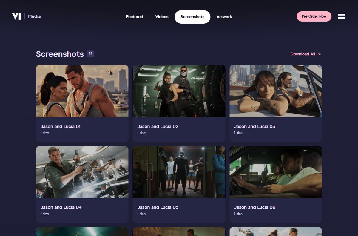 Rockstar GTA VI Screenshots page listing thumbnails titled Jason and Lucia