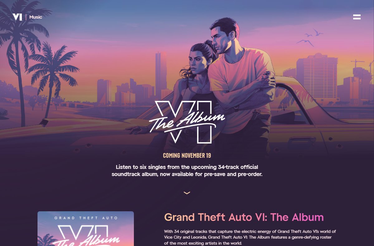 Rockstar VI music page announcing The Album with six singles to hear