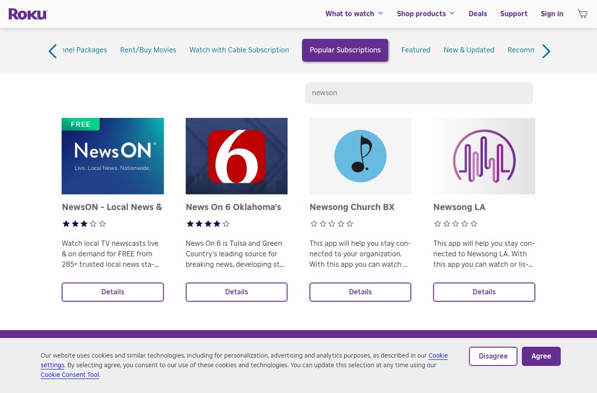 Roku Channel Store search results showing the free NewsON app