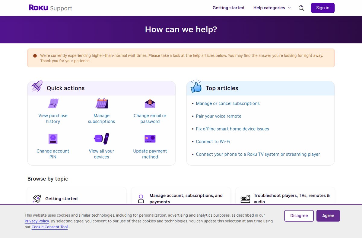 Roku Support home page with quick actions and top articles