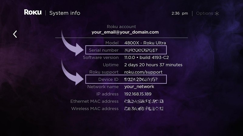 Roku System info screen with serial number and device ID highlighted