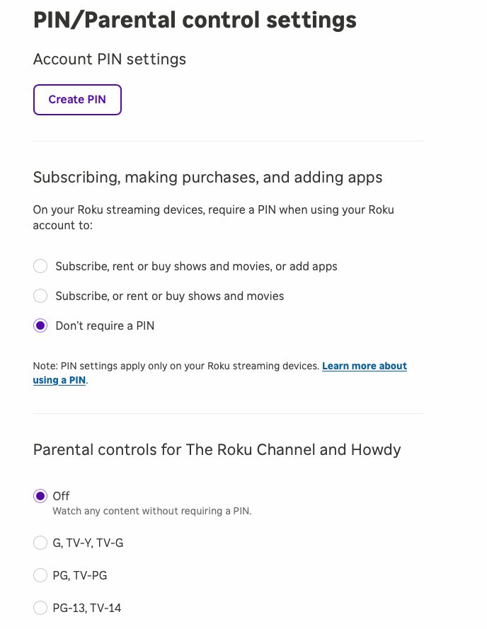 Roku account PIN/Parental control settings page with Create PIN button
