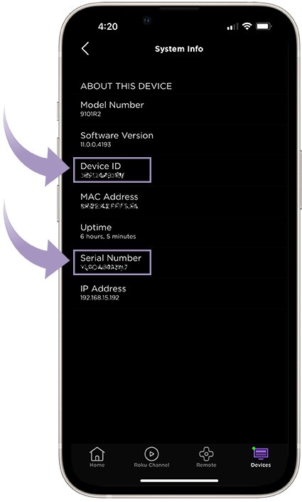 Roku mobile app System Info screen with device ID and serial number