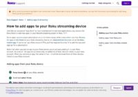 Roku support page showing the steps to add apps from a Roku device