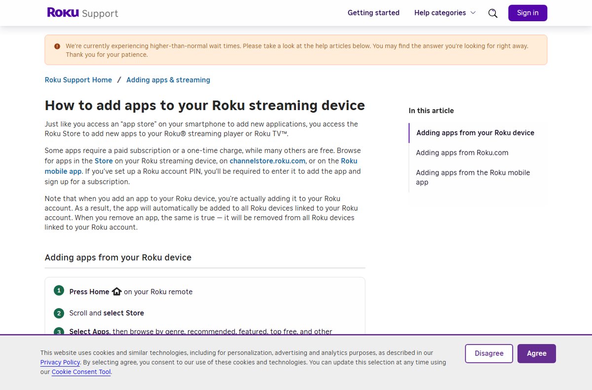 Roku support page showing the steps to add apps from a Roku device