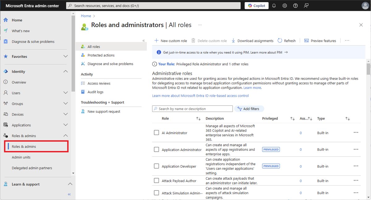Roles and administrators page in Microsoft Entra admin center with Roles & admins highlighted