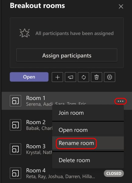 Room menu with Join room, Open room, Rename room and Delete room