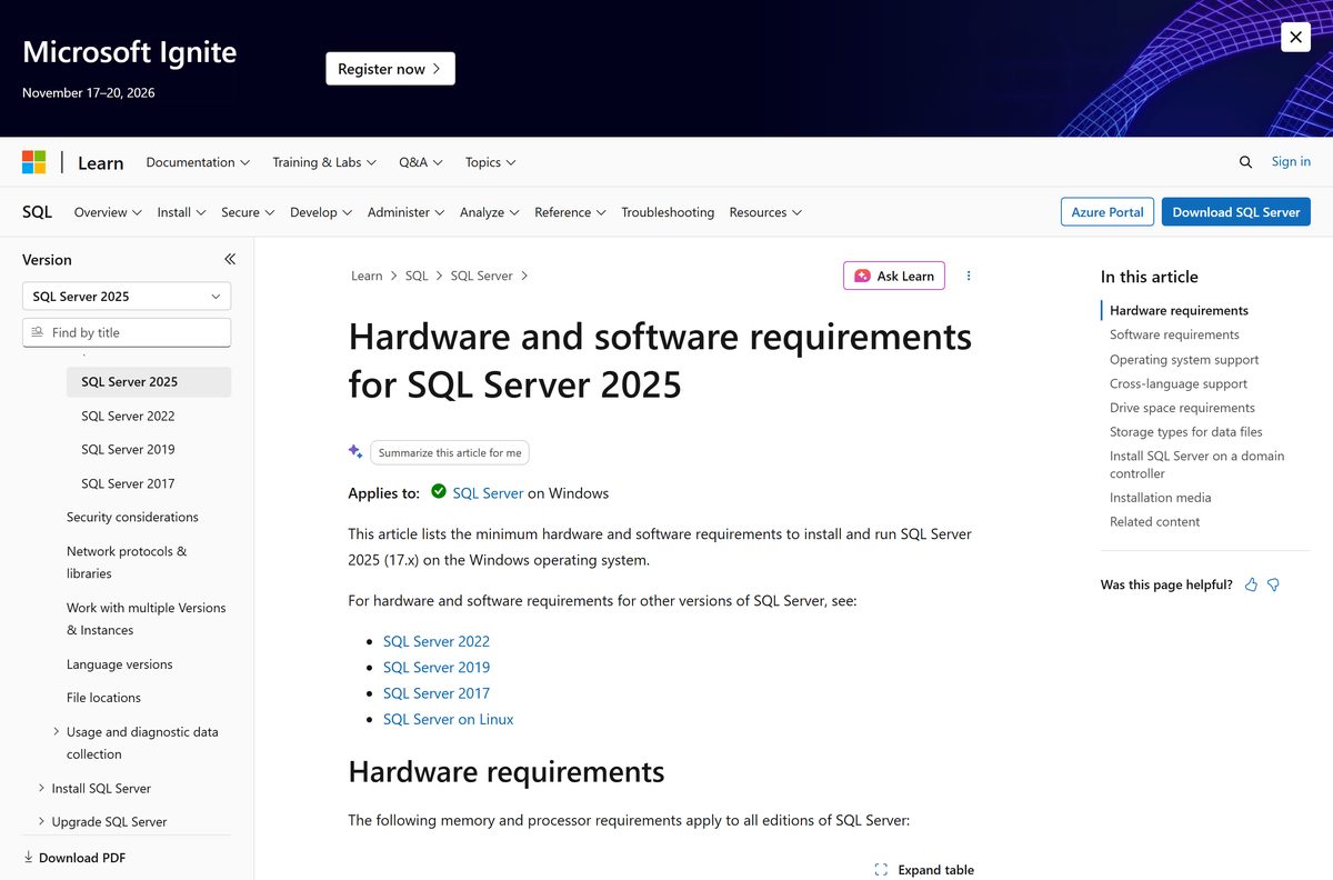 Microsoft Learn hardware and software requirements for SQL Server 2025