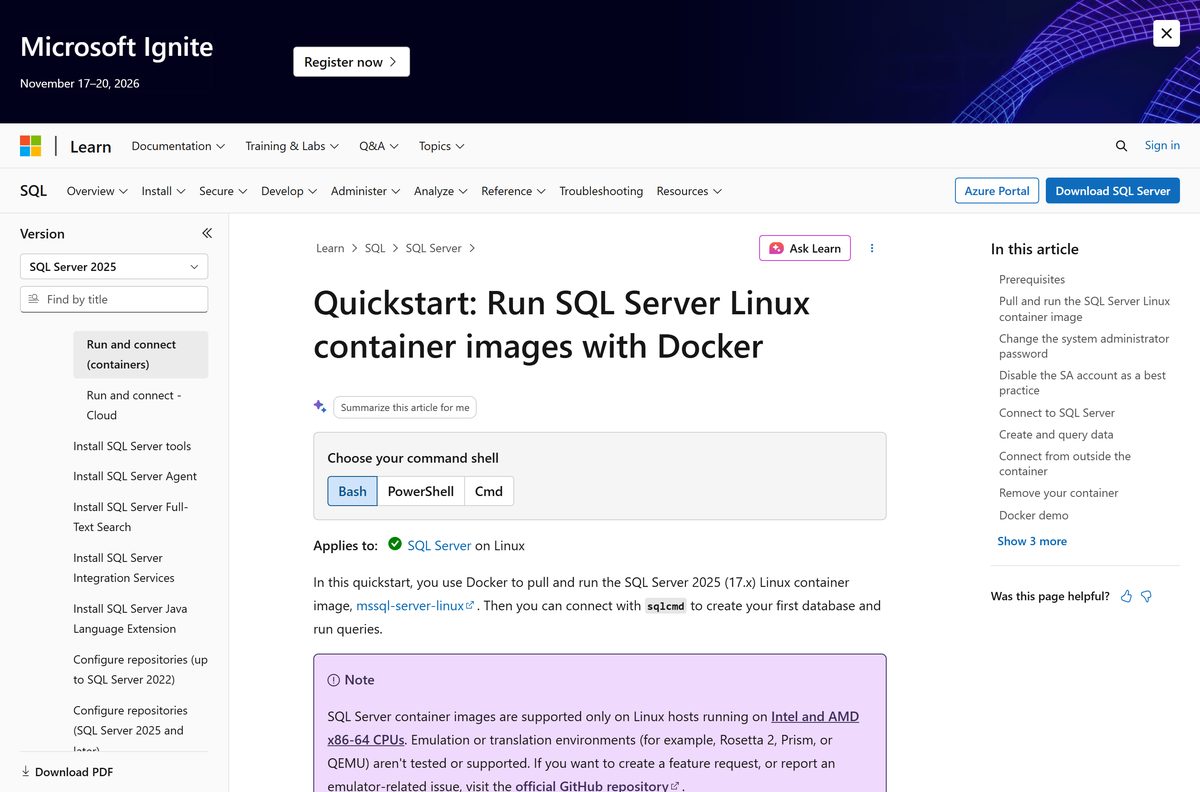 Microsoft Learn quickstart for running SQL Server Linux containers with Docker