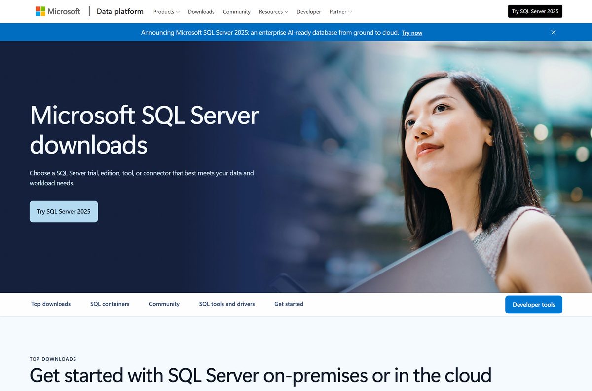 Official Microsoft SQL Server downloads page with Express and Developer editions