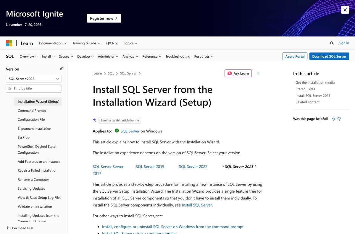 Microsoft Learn walkthrough of the SQL Server 2025 installation wizard pages
