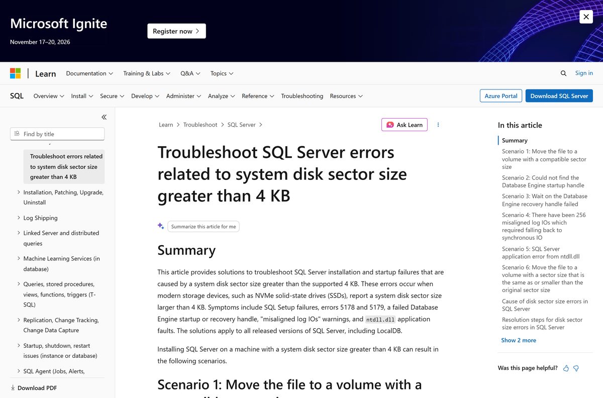 Microsoft Learn fix for SQL Server disk sector size errors on Windows 11