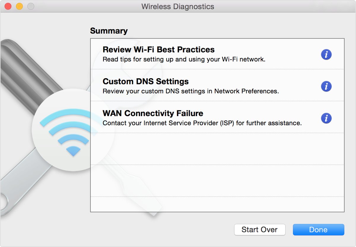 Safari internet problem on Mac: Wireless Diagnostics summary listing DNS and WAN issues