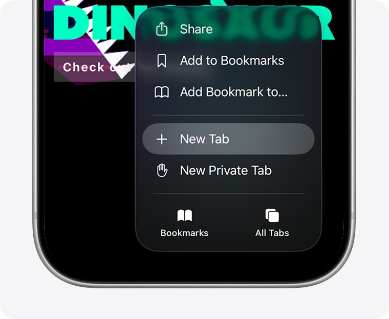 Safari menu on iPhone with New Tab highlighted above New Private Tab
