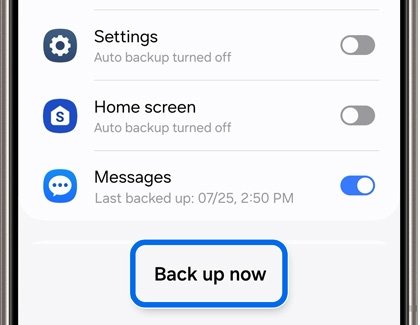 Samsung Cloud backup list with the Messages toggle on and Back up now