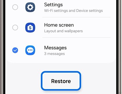 Samsung Cloud restore list with only Messages ticked above the Restore button