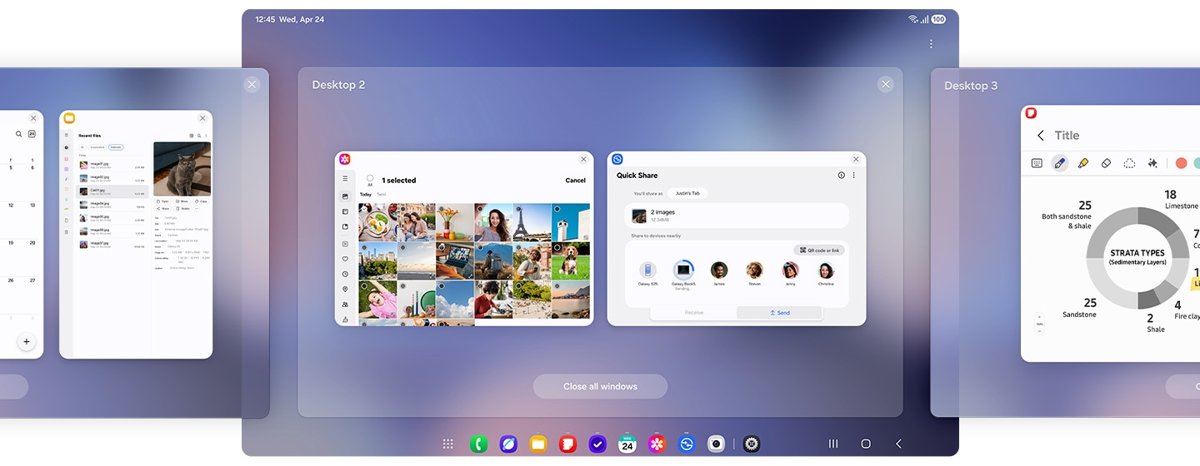 Samsung DeX desktop with several app windows and a bottom taskbar