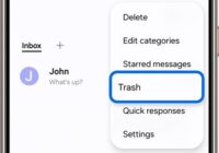 Samsung Messages more options menu with Trash highlighted below Starred messages