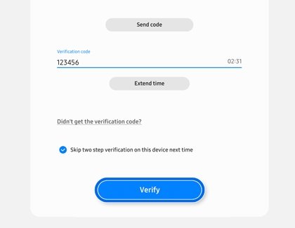Samsung account verification code screen with Didn't get the verification code link