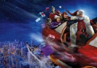 Santa's sleigh flying over a night city with two children and elves aboard