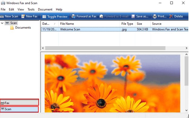 Scan a document with Windows Fax and Scan showing the Scan view