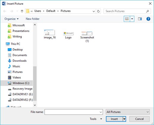 Scan documents to PDF: insert scanned pages in Word's Insert Picture dialog