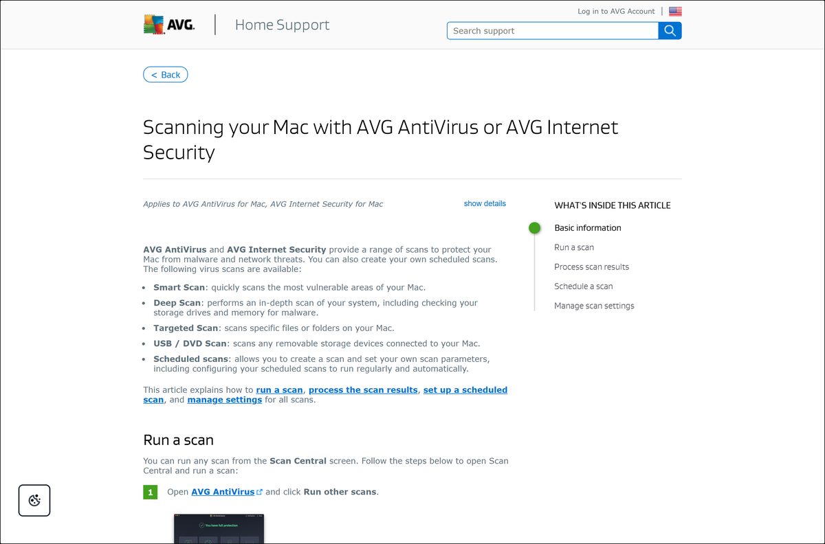 AVG scanning guide listing Smart, Deep, Targeted and USB scans for Mac