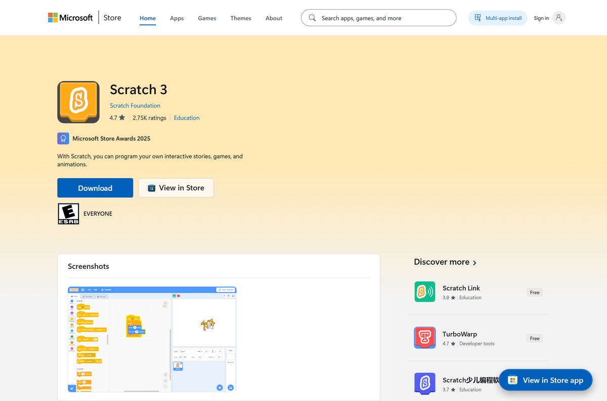 Microsoft Store listing for Scratch 3 with its publisher and rating