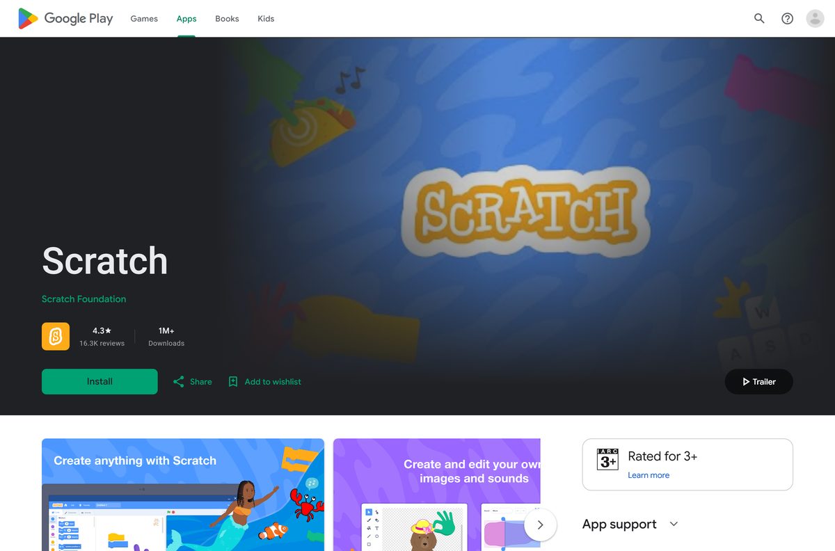 Google Play listing for Scratch on tablets and Chromebooks