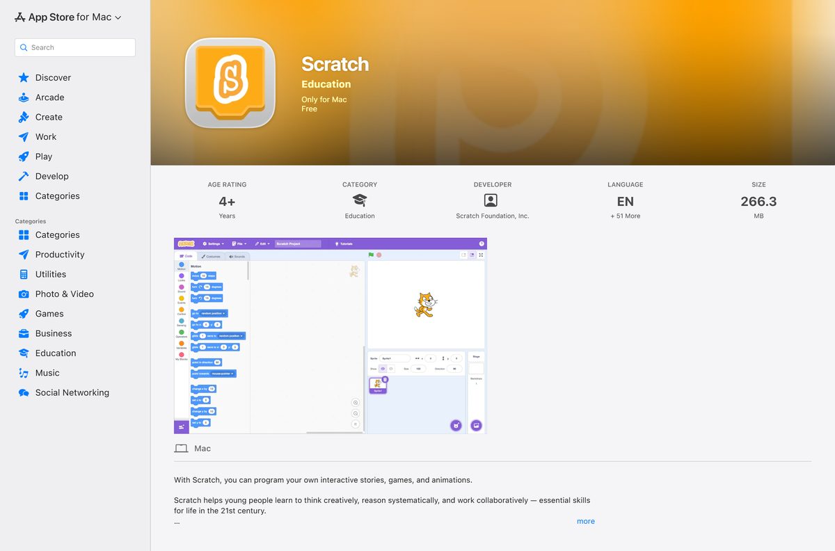 Mac App Store page for Scratch with size and compatibility