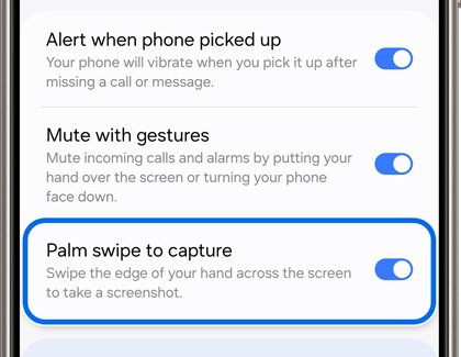 Screenshot Samsung S25 with the Palm swipe to capture toggle turned on