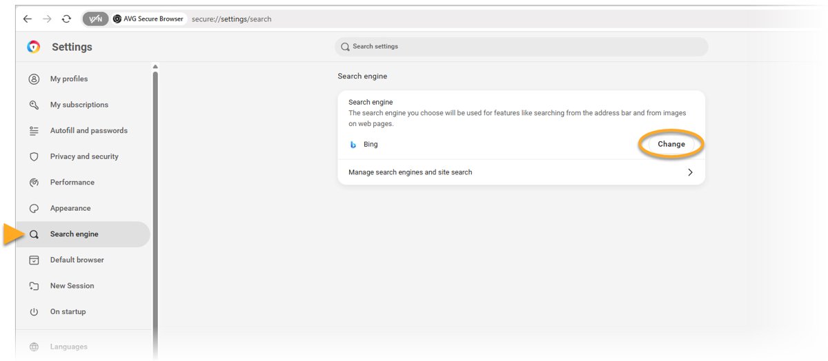 Search engine settings page with Bing set and the Change button