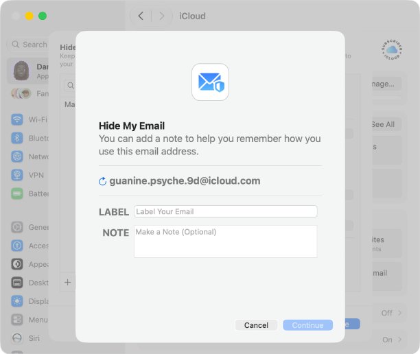 Secondary iCloud email address option using Hide My Email on a Mac