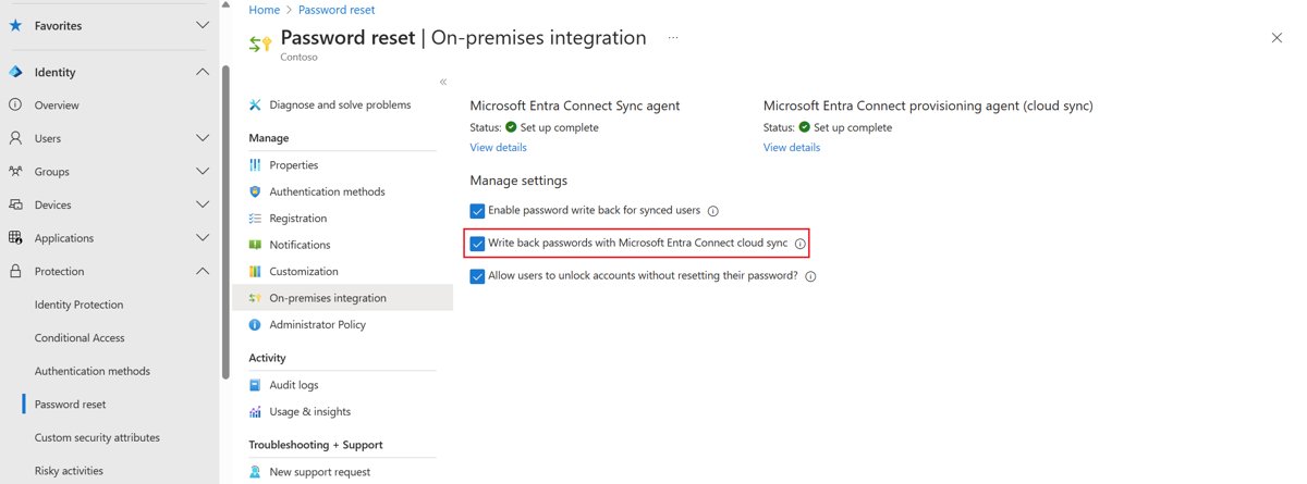 Self-service password reset on-premises integration with the write back passwords option highlighted
