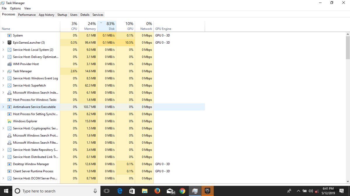 Service Host high disk usage sorted by the Disk column in Task Manager