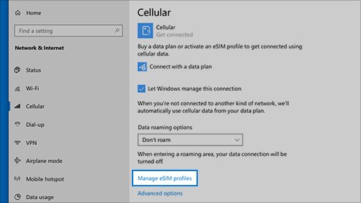 Set up an eSIM profile in Windows from the Cellular settings page