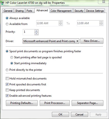 Share a printer on the print server from its Properties tabs