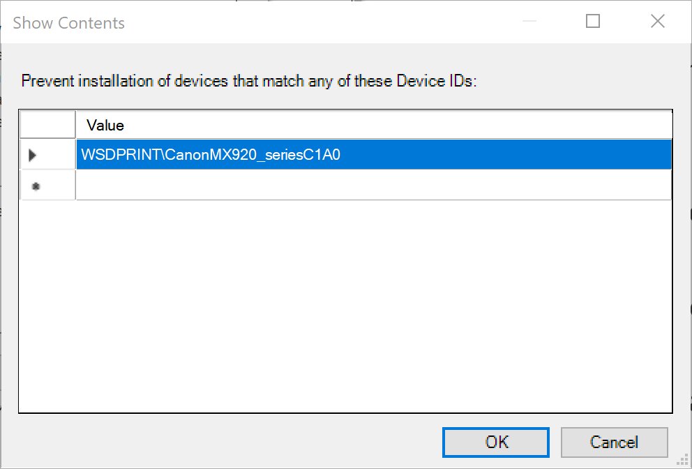 Show Contents dialog listing a blocked device ID under the prevent policy
