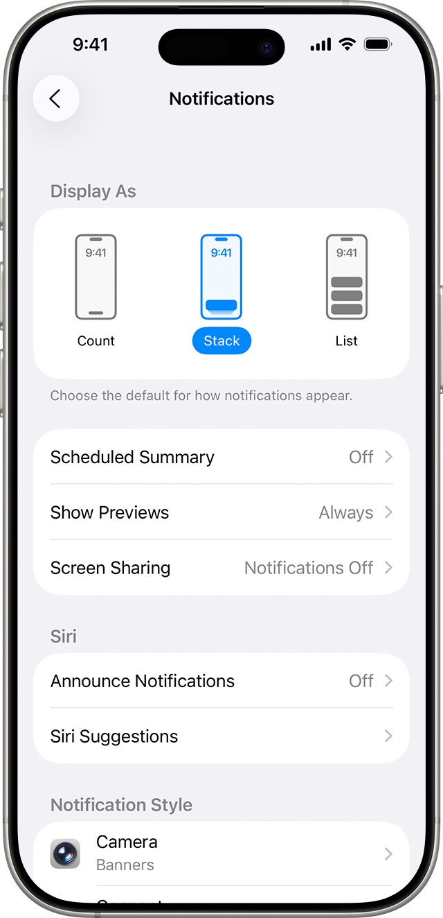 Show notification previews on iPhone and choose Count, Stack or List