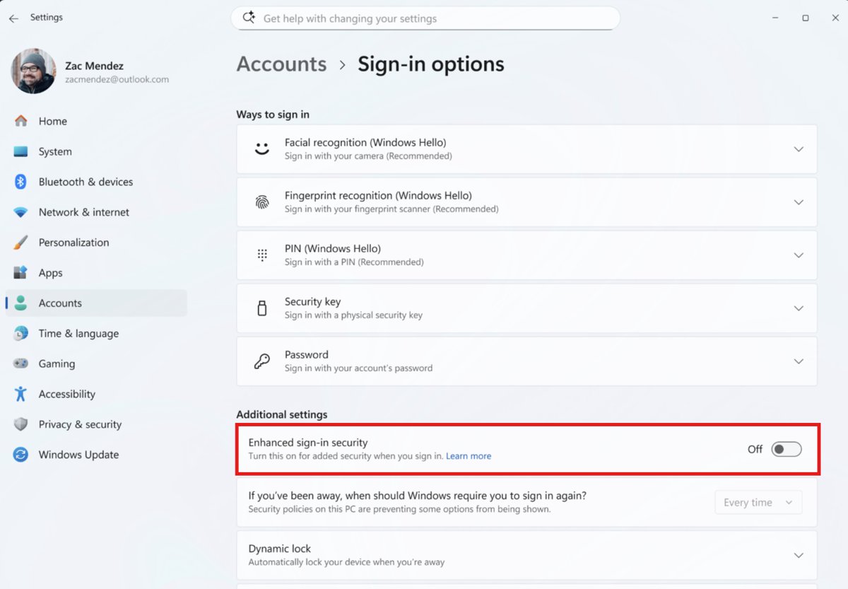 Sign-in options Additional settings with the Enhanced sign-in security toggle off