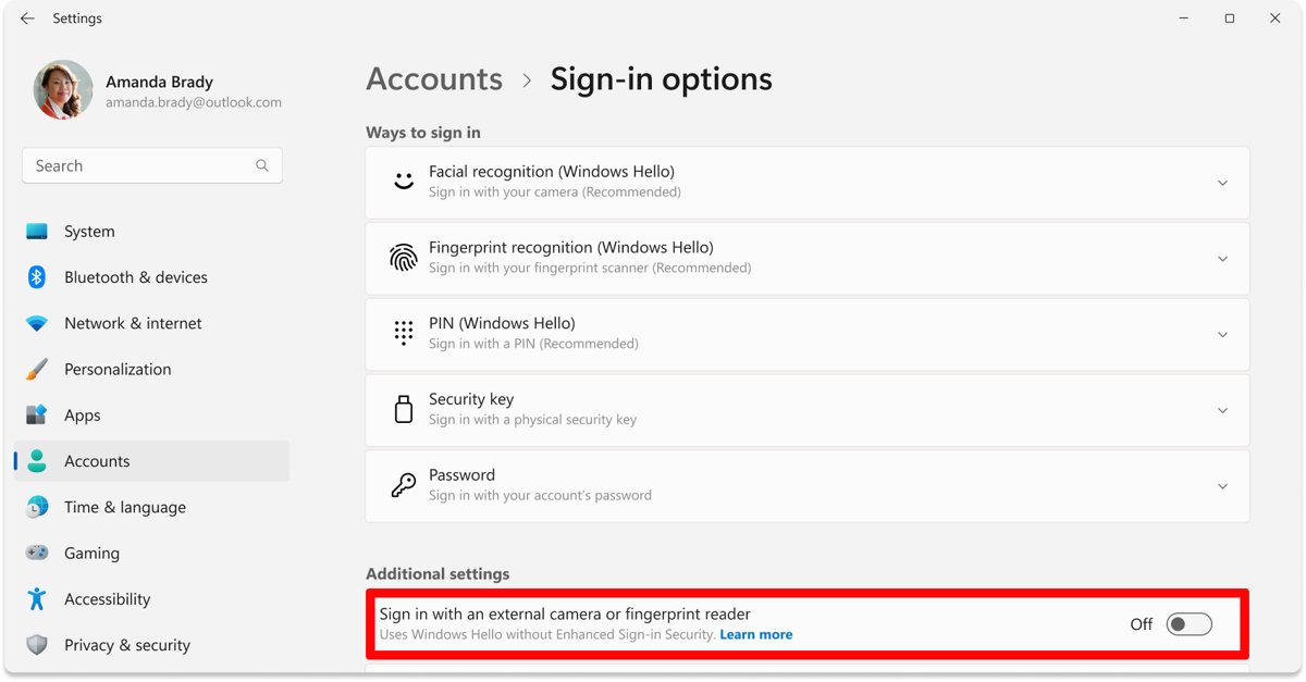 Sign-in options with the external camera or fingerprint reader toggle highlighted