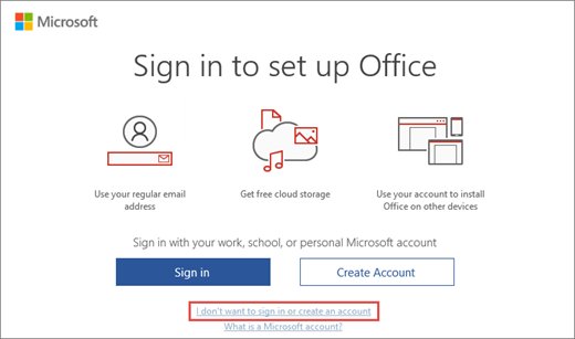 Sign in to set up Office window with option to skip signing in