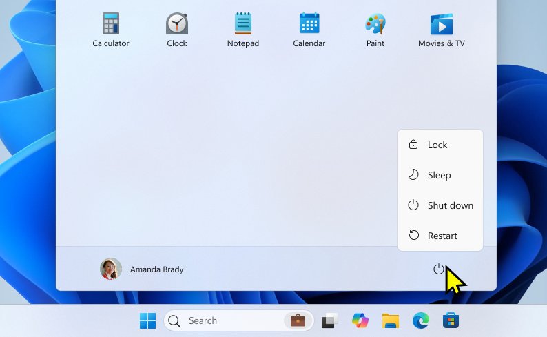 Sign out vs lock in Windows 11: Power menu with Lock, Sleep, Shut down